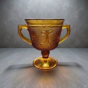 Vintage Tiara Amber Glass Pedestal Sugar Bowl Candy Dish Pressed Glass